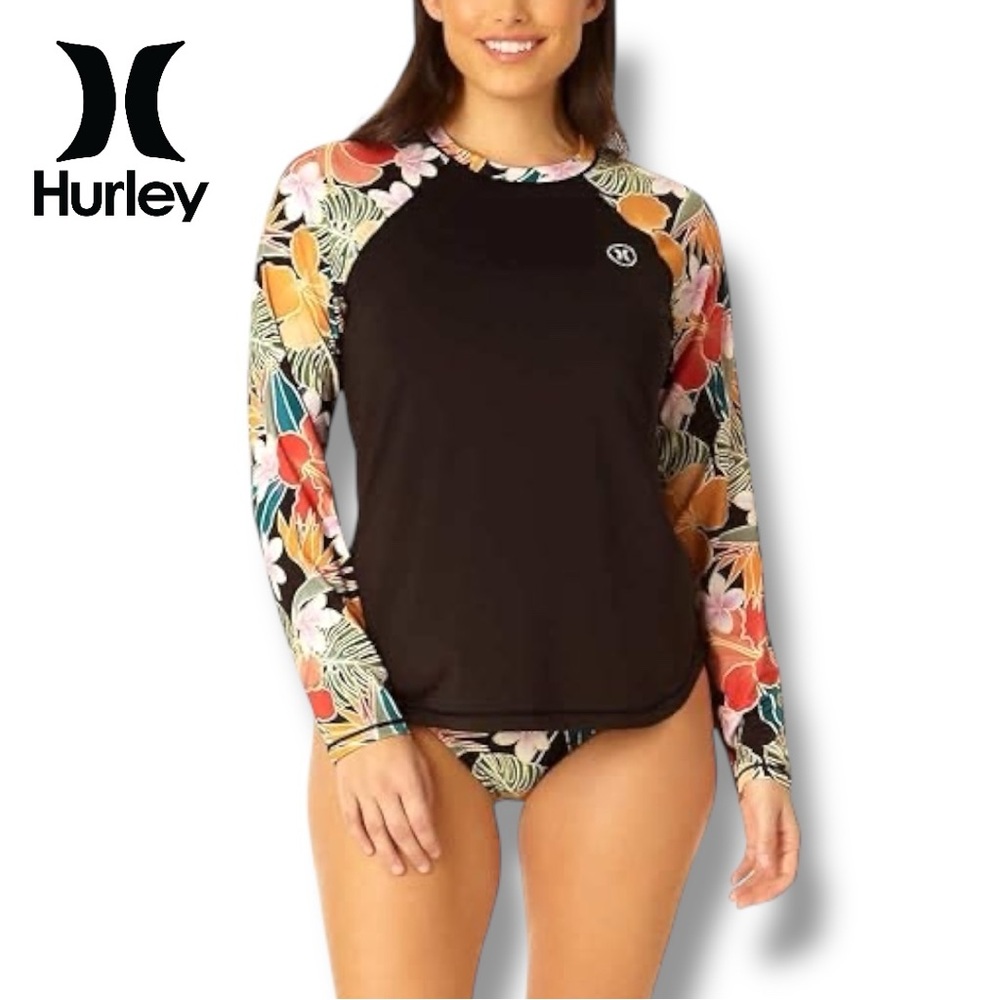 Hurley Women's UPF 50+ Long Sleeve TOP Rashguard Floral Sleeves Swimming Sun | M